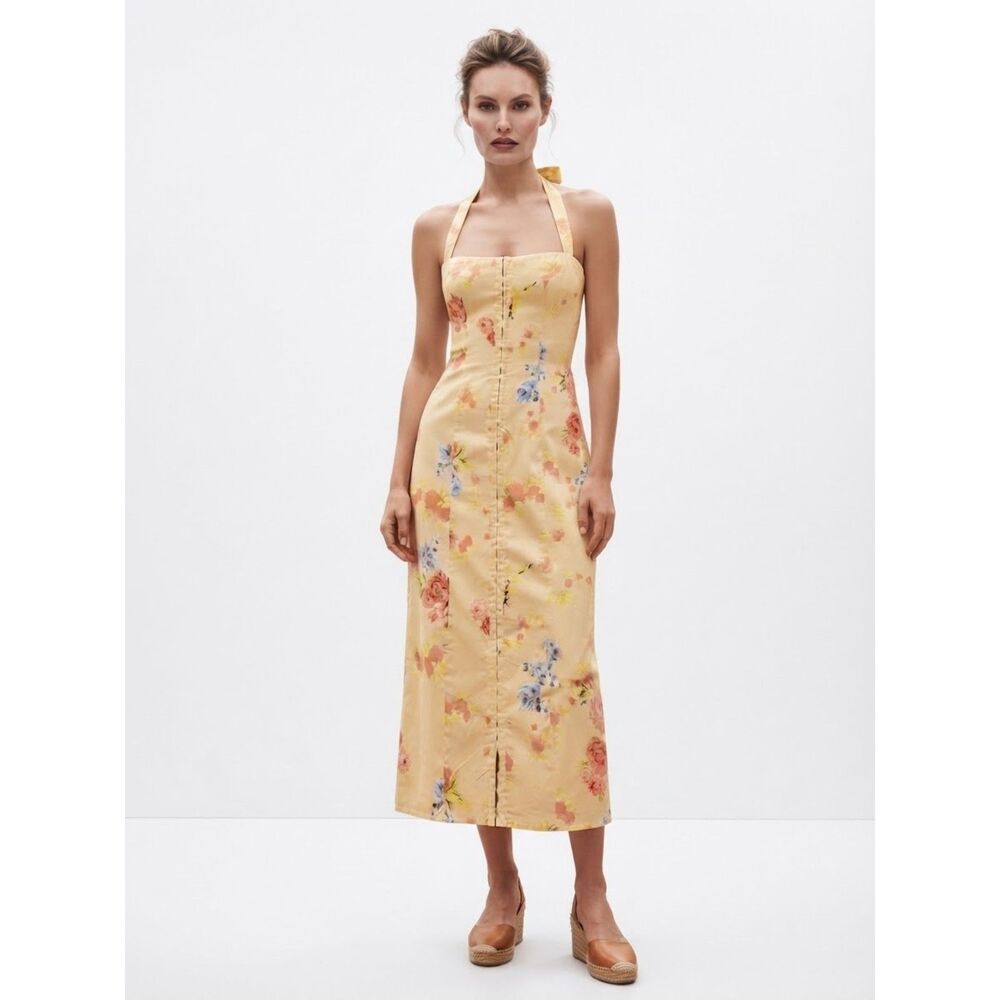Lulus Floral Halter Midi Dress  Small Yellow